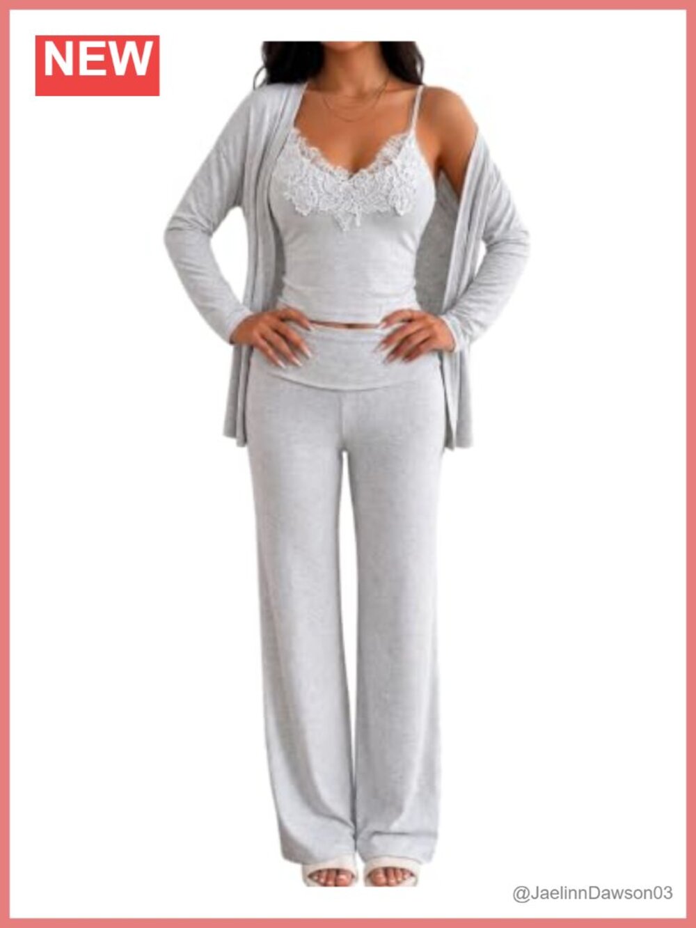 Women's 3 Piece Lace Lounge Set V-Neck Cami Cardigan Pants Sleepwear